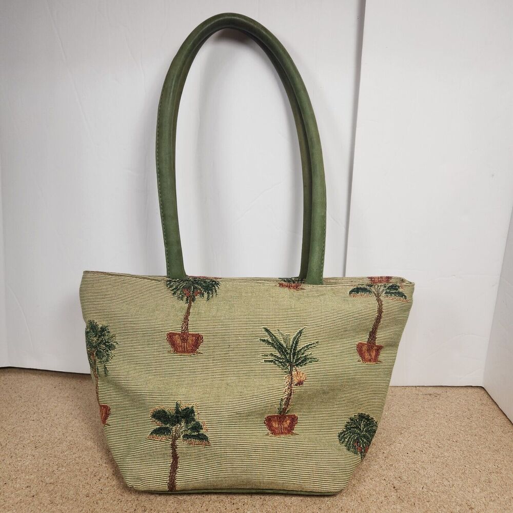 Tommy Bahama Palm Tree cream  Tapestry Purse Shoulder‎ Bag green handles bottom